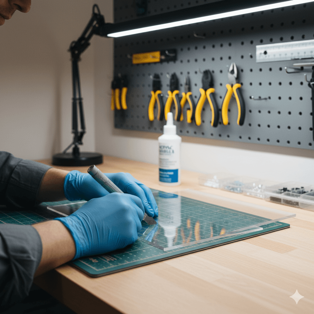 Peça de acrílico sendo manuseada