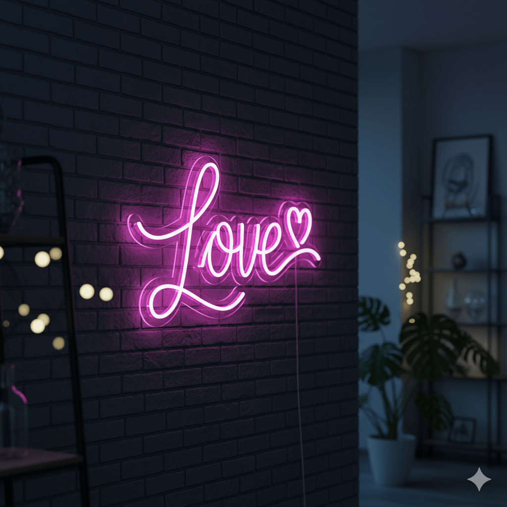 Letreiro de neon flex com a palavra 'love'