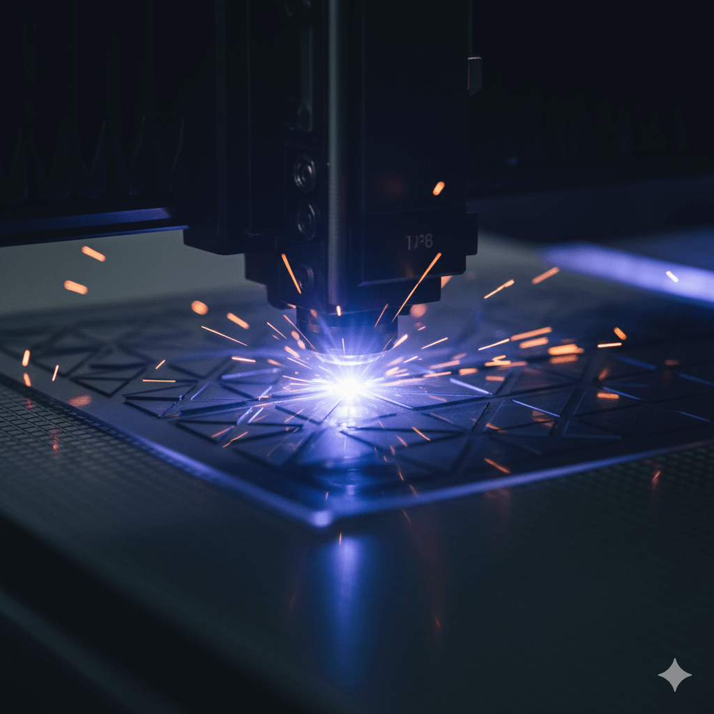 Máquina de corte a laser detalhando uma peça