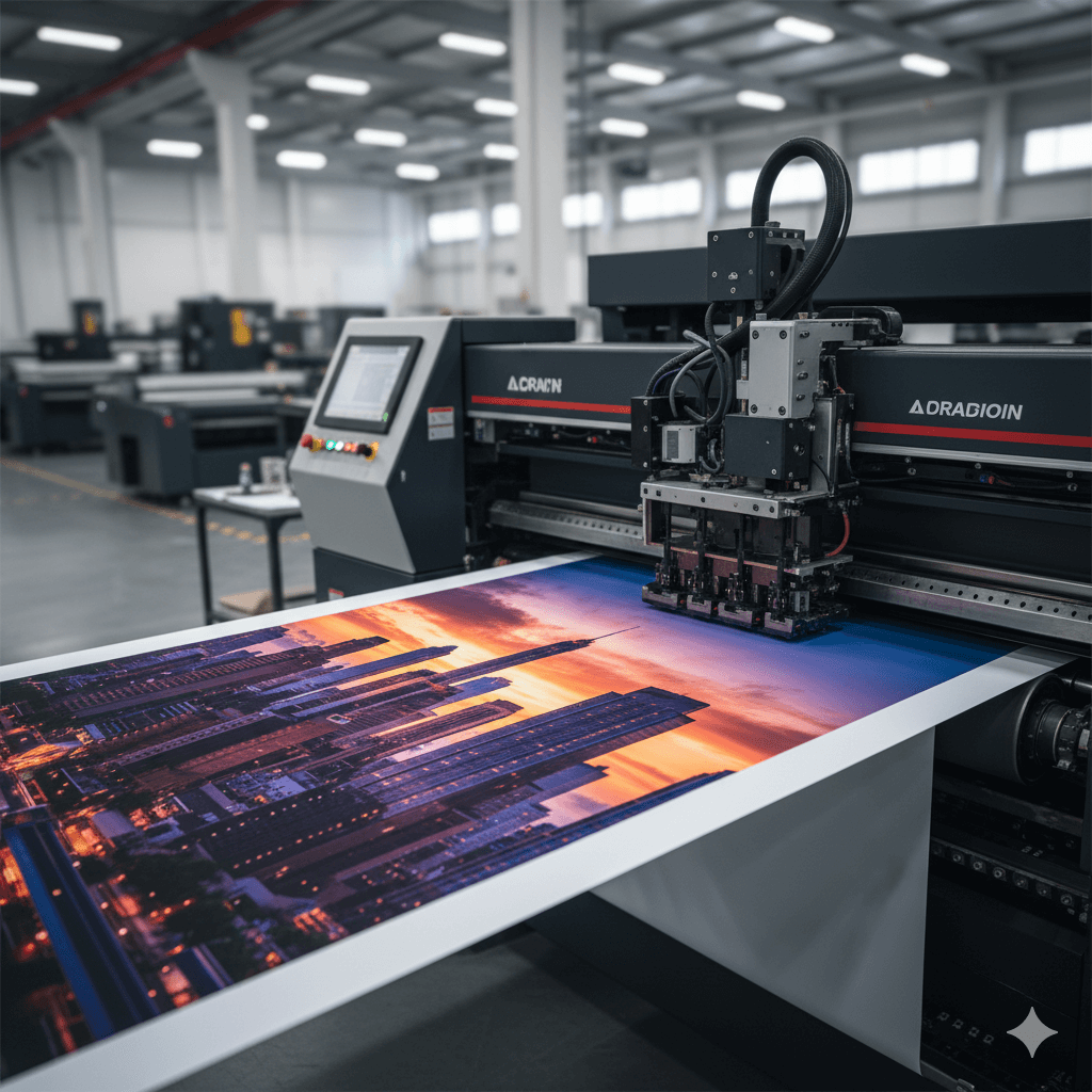 Impressora de grande formato imprimindo um banner